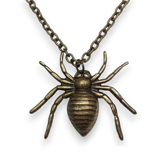 Antiqued Brass Spider Insect Stamping Aged Oxidized Charm Pendant Necklace - Picture 1 of 5